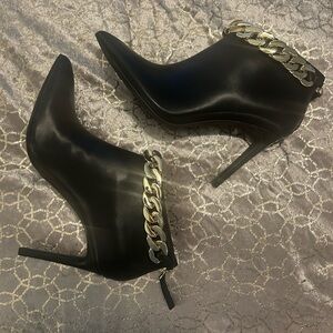 INC International Concepts Black Heeled Boots with Gold Chain